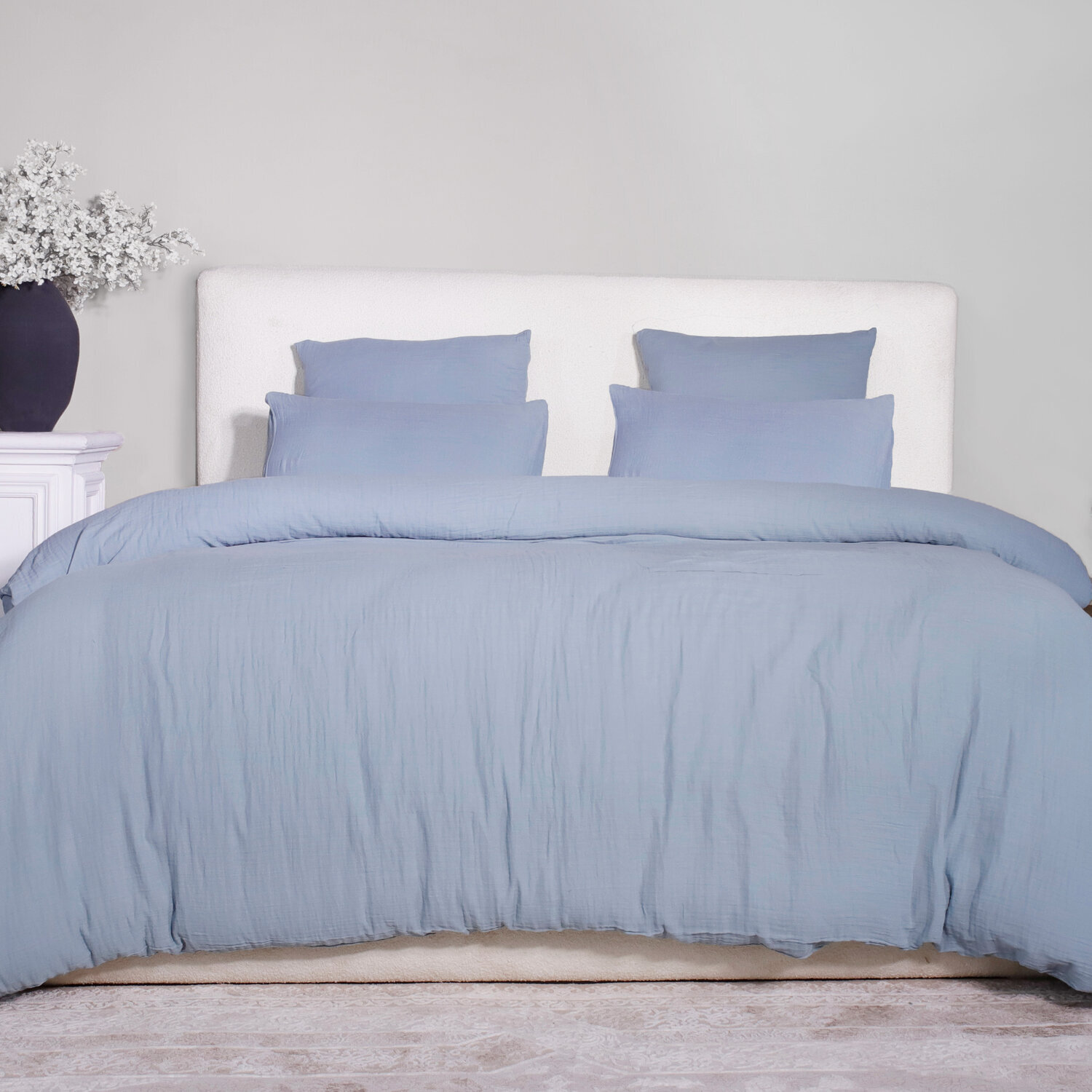 Parure Housse De Couette Uni 100% Gaze de Coton - Ava - Bleu Givrée