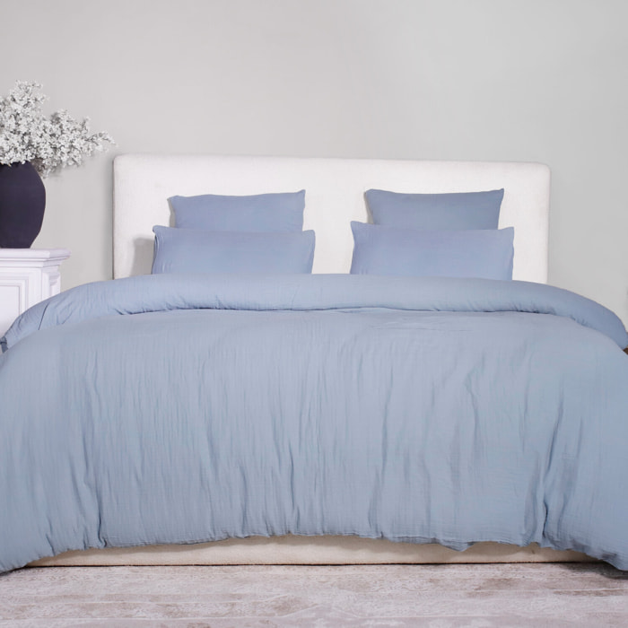 Parure Housse De Couette Uni 100% Gaze de Coton - Ava - Bleu Givrée
