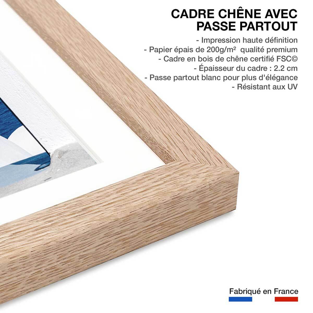 Poster porte bleue oia Affiche + cadre en bois - Chêne