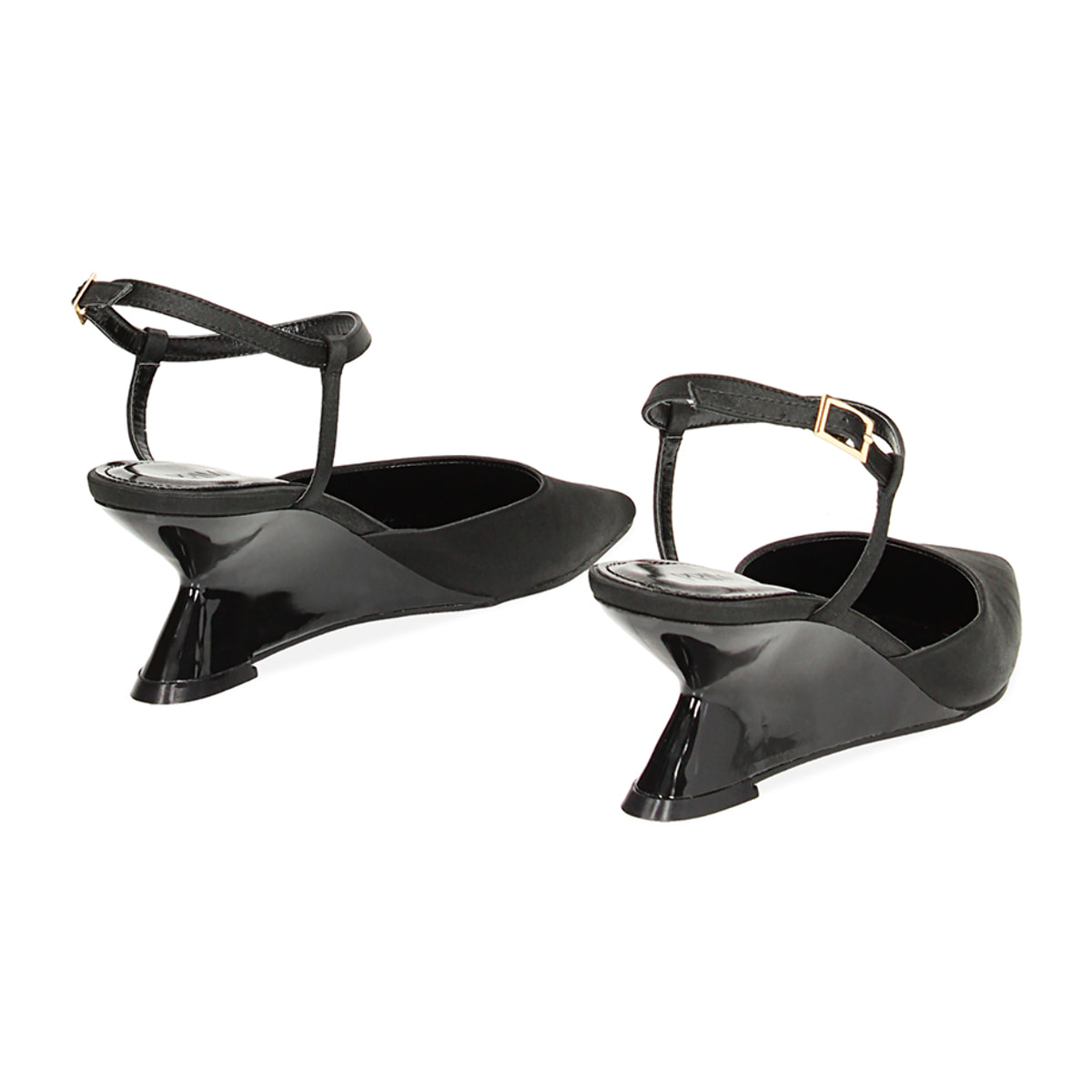 Décolleté slingback nere in raso, zeppa 6,1 cm