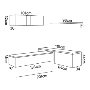 Parete Attrezzata Mobile Soggiorno TV con Mensola Pensile Salotto Legno Base Televisione Sala da Pranzo Design Moderno Modulare Reversibile Adelaide 201 x 41 x 44 cm Colore Bianco e Rovere