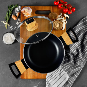 Batería de Cocina de 5Pzs (Cacerola con tapa Ø24cm + Cacerola con tapa Ø20cm+ Sartén Ø24cm) en aluminio presnado Earth Black Bergner
