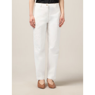 Oltre - Pantalones chinos de algodón con bordados florales - Blanco