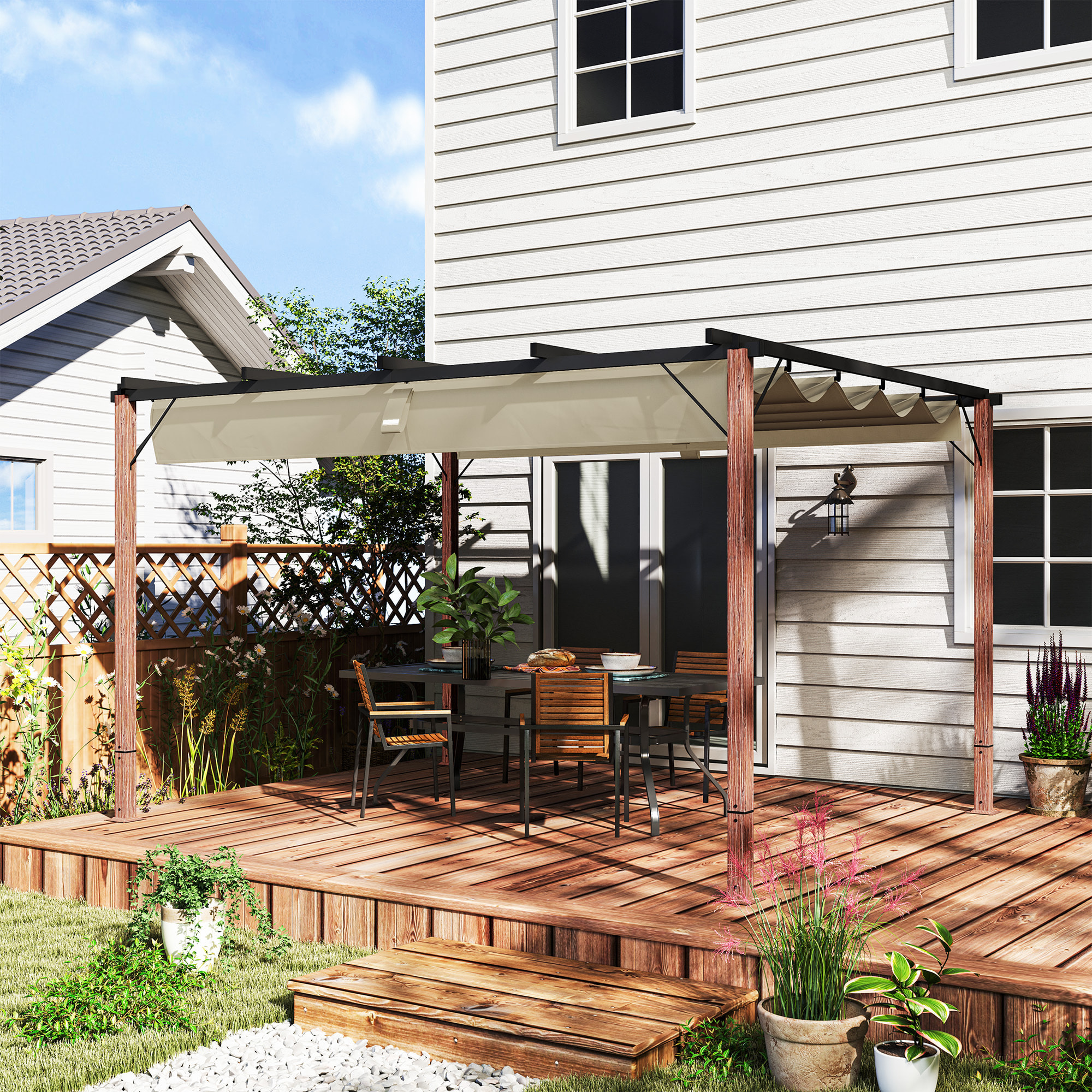 Pérgola con Techo Retráctil Pérgola de Aluminio 4x3 m Cenador con Tela de Poliéster Anti-UV Resistente al Agua Pabellón para Jardín Patio Terraza Exterior Natural y Café