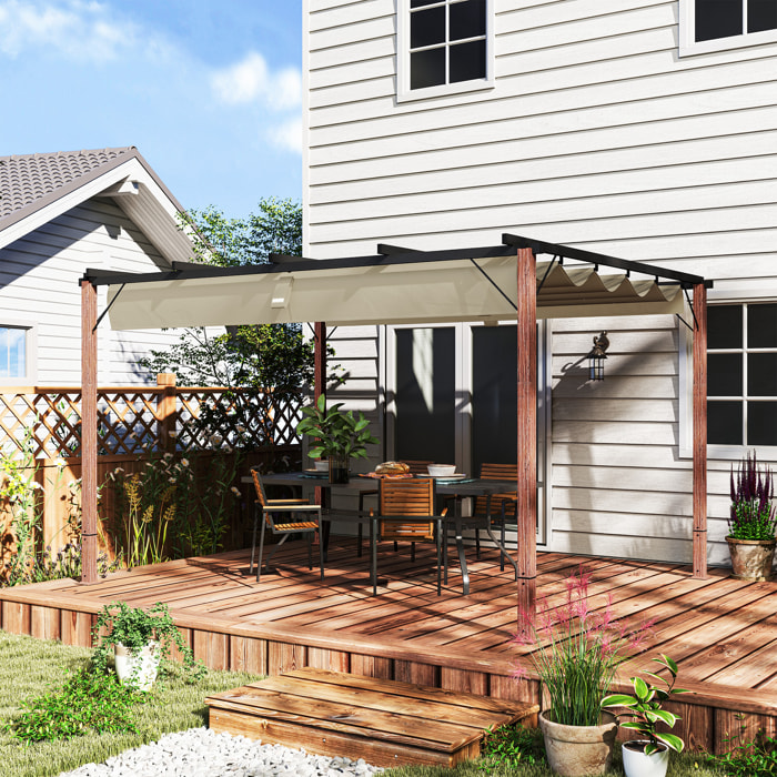 Pérgola con Techo Retráctil Pérgola de Aluminio 4x3 m Cenador con Tela de Poliéster Anti-UV Resistente al Agua Pabellón para Jardín Patio Terraza Exterior Natural y Café