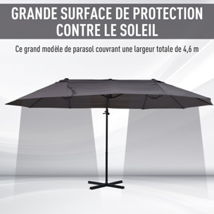 Parasol déporté grande taille XXL inclinable dim. 4,4L x 2,7l x 2,5H m piètement en acier inclus polyester gris