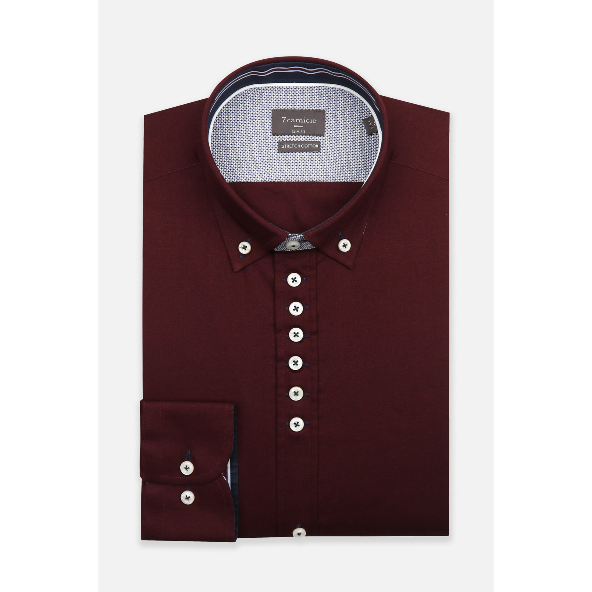 Camicia Uomo 1 Bottoni Button Down Slim Popeline Stretch Unito Bordeaux