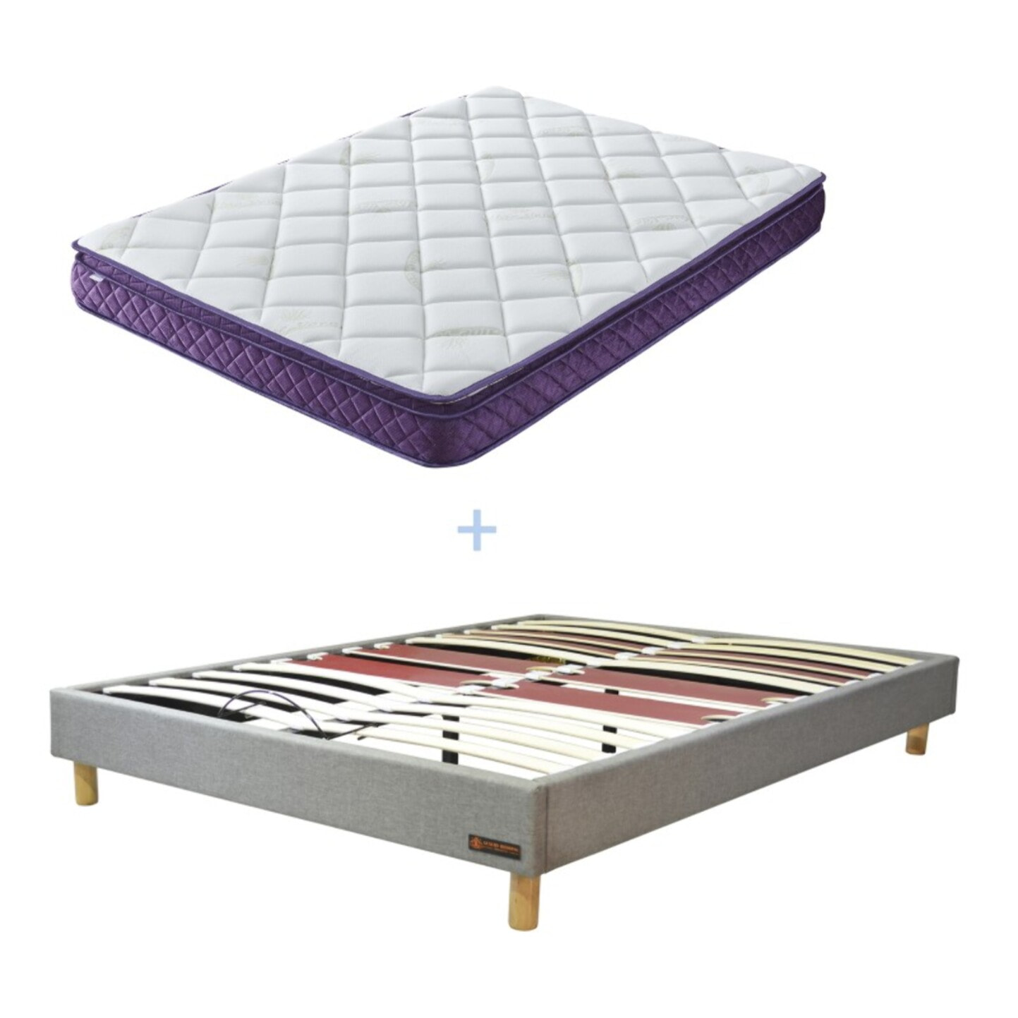 Ensemble Matelas Master & sommier déco| 100% Mémoire de forme | Surmatelas intégré | Cadre à lattes | Tissu | Gris Clair