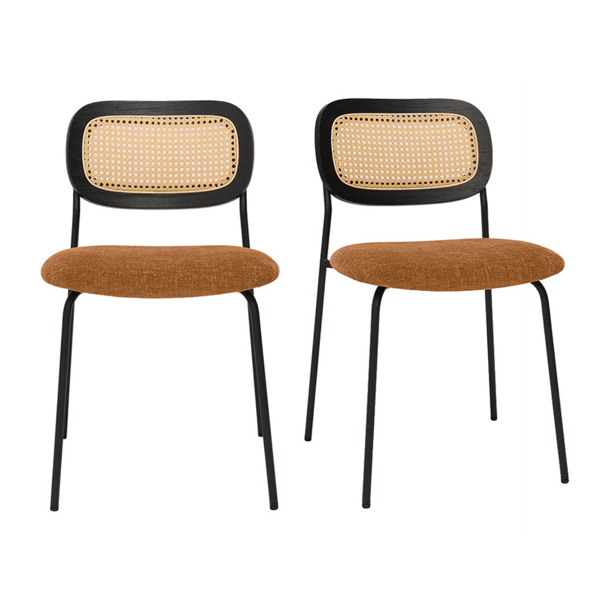 Chaises design en tissu effet velours texturé terre brulée, métal noir et cannage rotin (lot de 2) MIRANDA