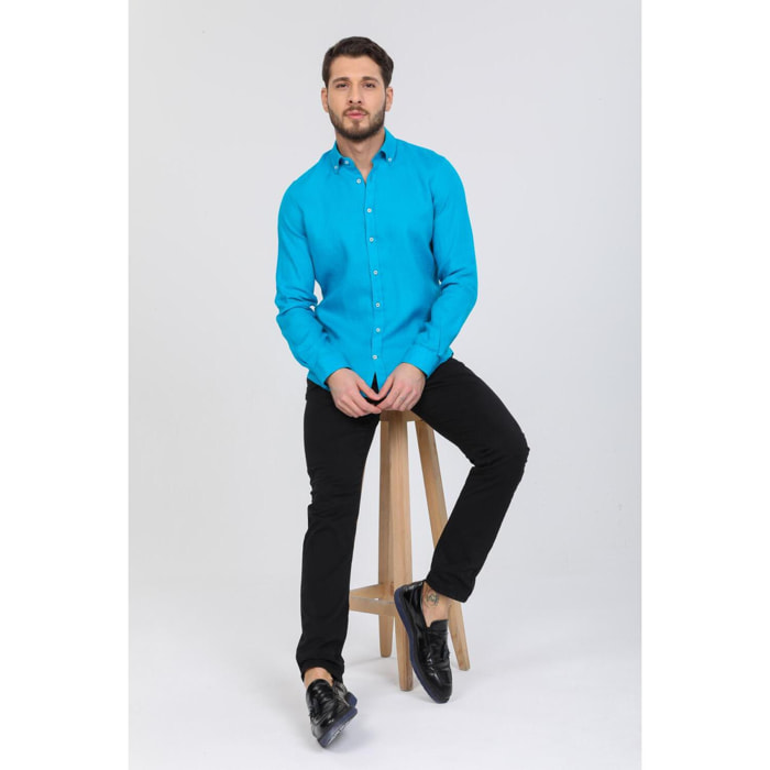 Camicia Uomo 1 Bottone Button Down Slim Lino Unito Turchese
