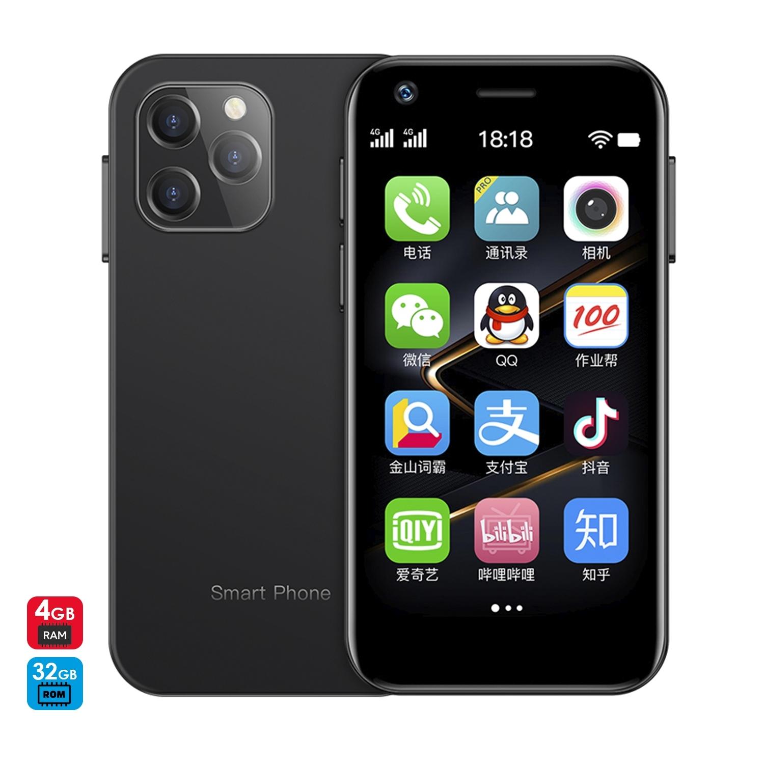 DAM Smartphone Mini XS12 4G, Android, 4GB RAM + 32GB. Schermo da 3''. Doppia scheda SIM. 4,5x1,1x8,9 cm. Colore nero