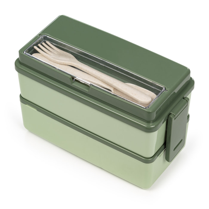 Lunch box ermetico con 2 altezze per conservare gli alimenti. Include posate. Adatto al microonde