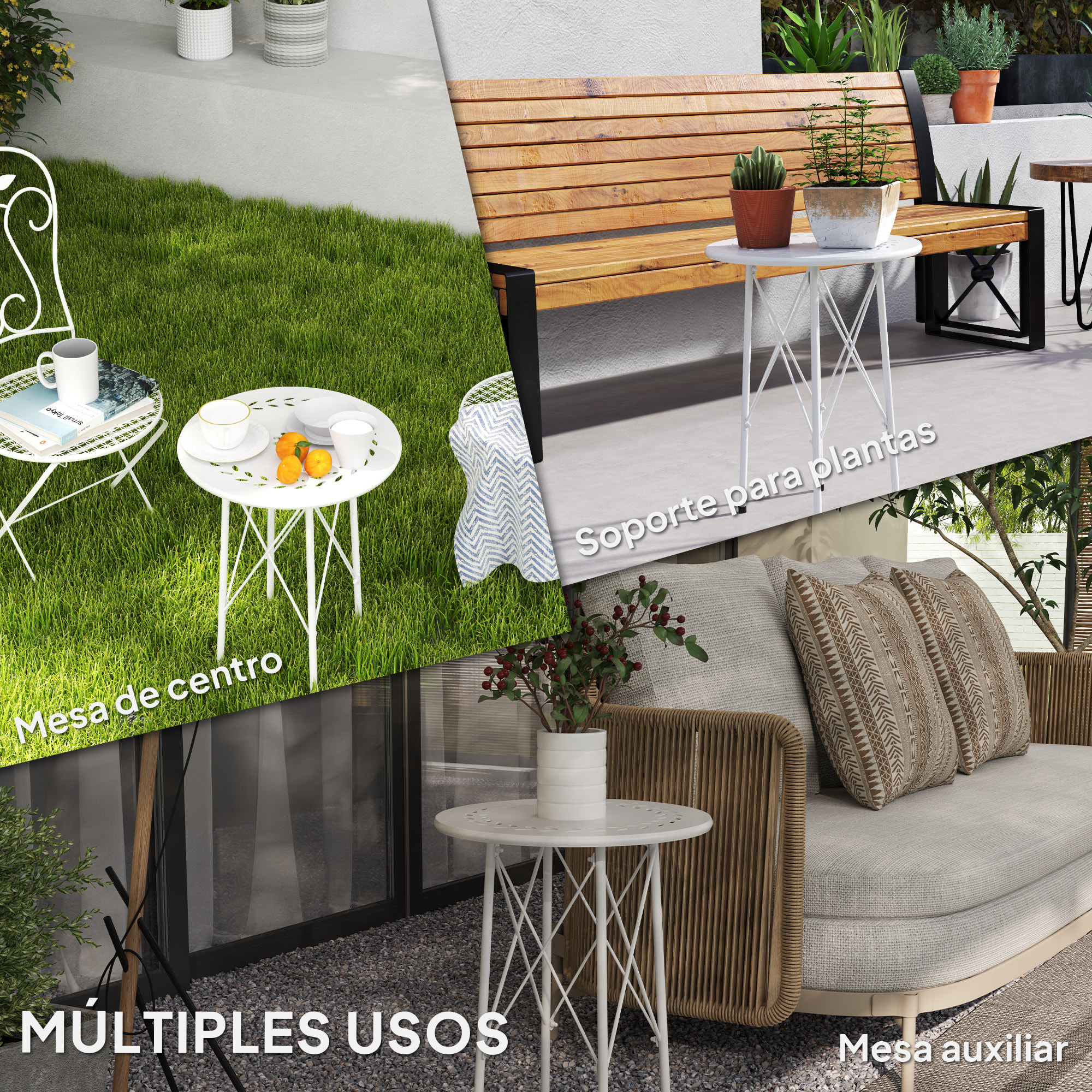 Mesa de Jardín Redonda Mesa de Terraza Exterior Ø40x50 cm con Patas Ajustables y Estructura en Forma de X Mesa para Exterior e Interior Blanco