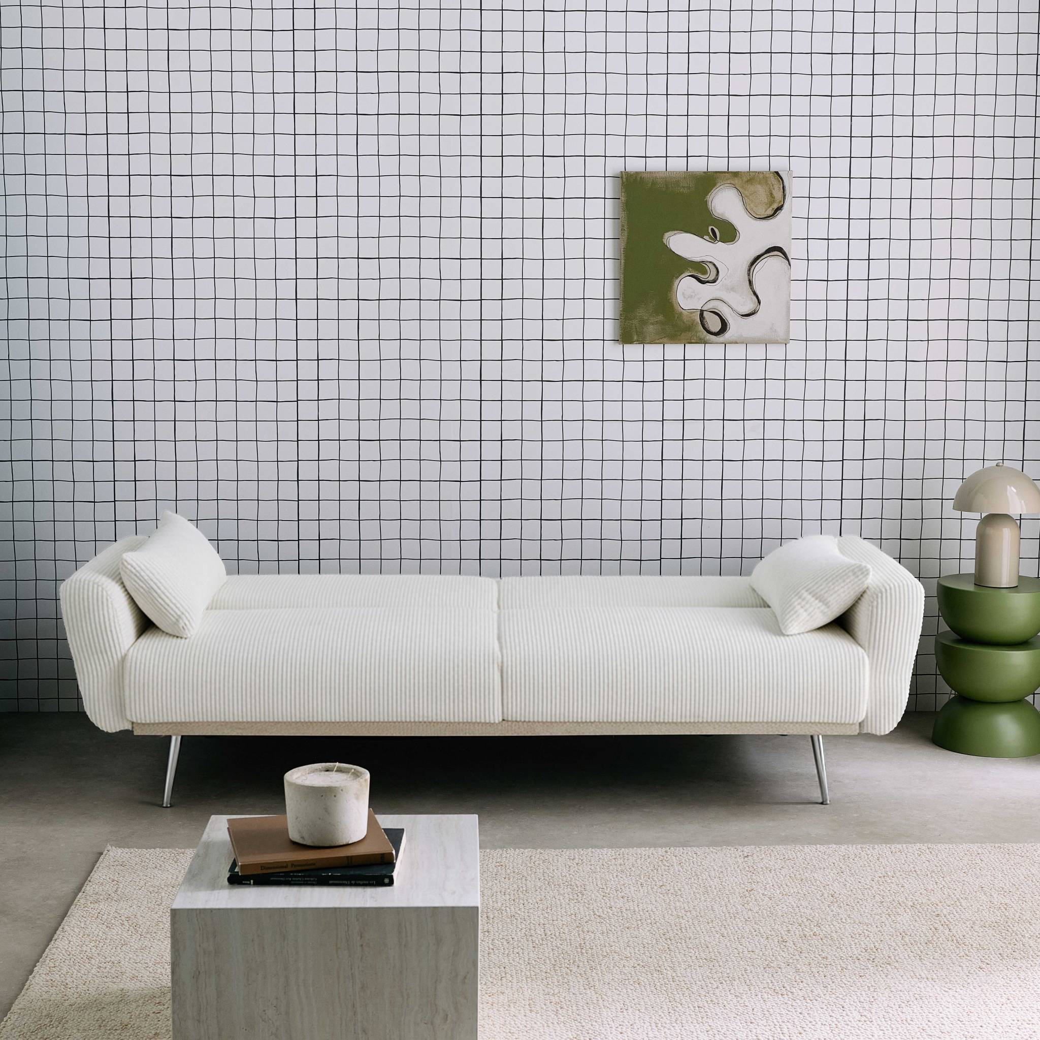 Canapé convertible design en velours côtelé blanc - Oskar - 3 places scandinave droit avec pieds métal chromé