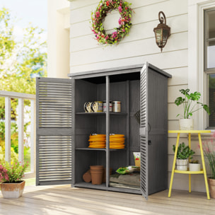 Caseta de Jardín de Madera, 127x65x168 cm, Cobertizo Jardín Exterior, Armario para Almacenaje Herramientas, con 2 Puertas de Persiana 2 Estantes Techo Impermeable para Patio Terraza, Gris