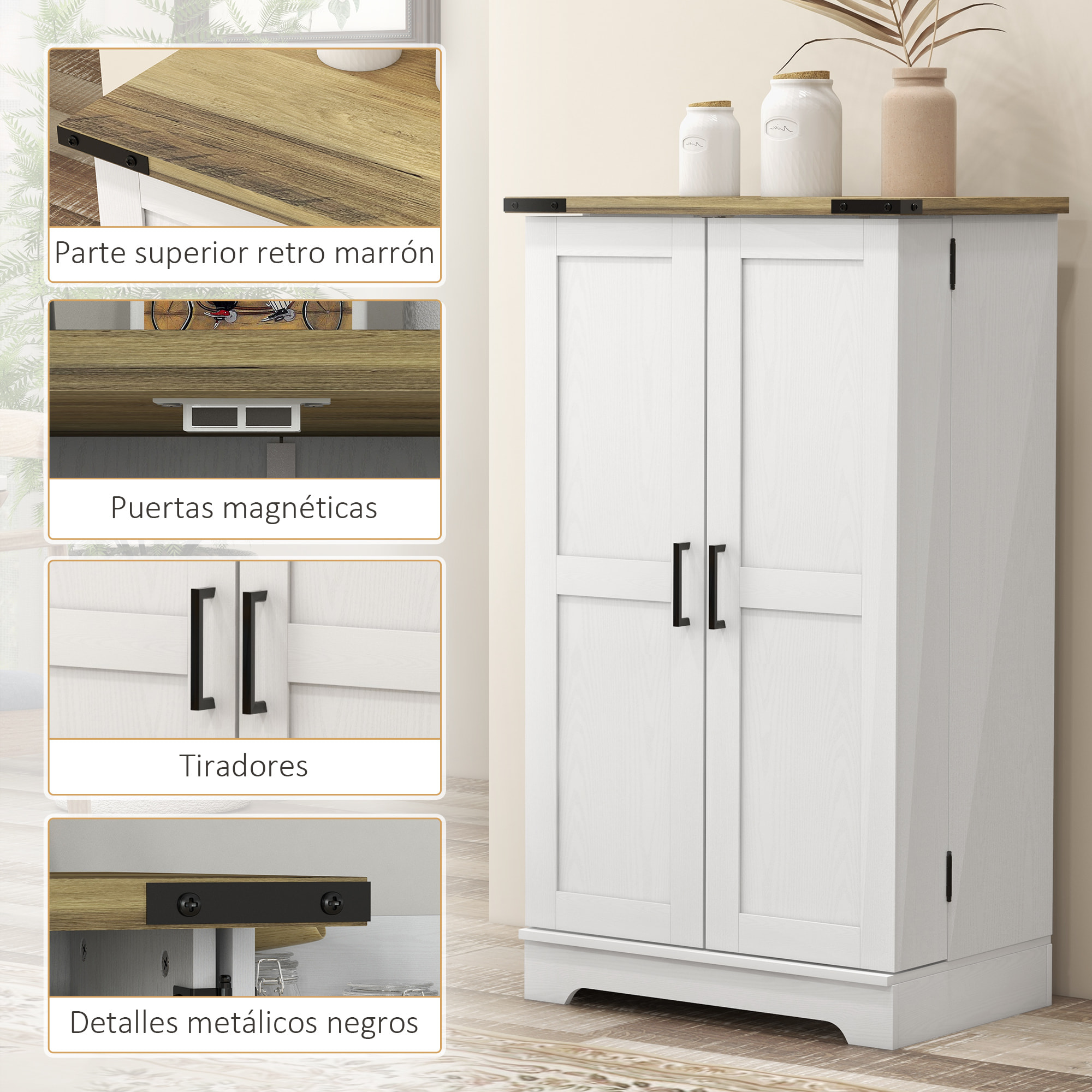 Armario Despensa Cocina Armario de Cocina con 2 Puertas y 16 Estantes Alacena Rústica con Estantes Ajustables para Comedor Salón 60x40x104 cm Crema