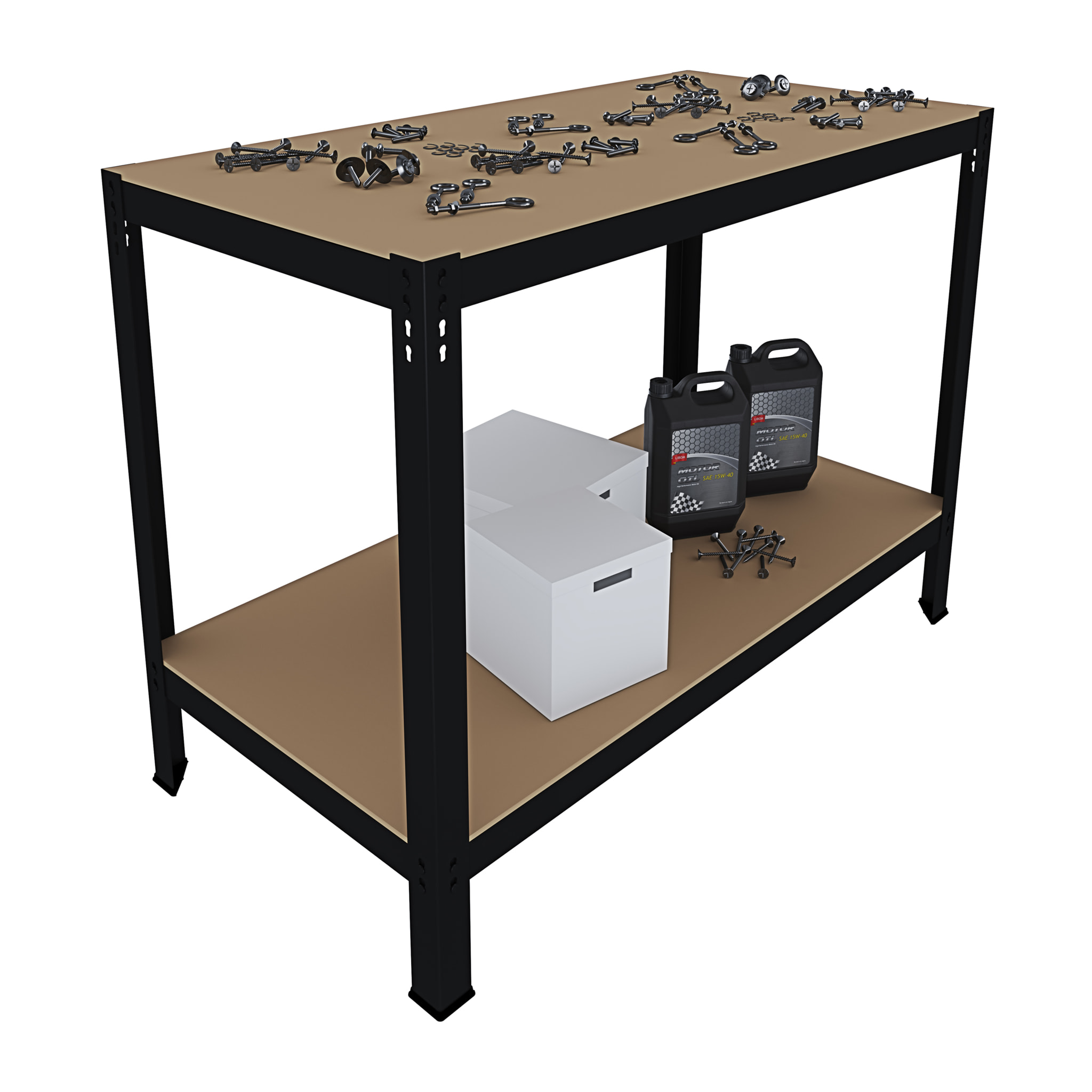 Banco Tavolo Da Lavoro Senza Bulloni In Acciaio Metallo e MDF Portata Fino 550 Kg 2 Ripiani Regolabili Garage Officina Cantina 90 x 100 x 60 cm Nero