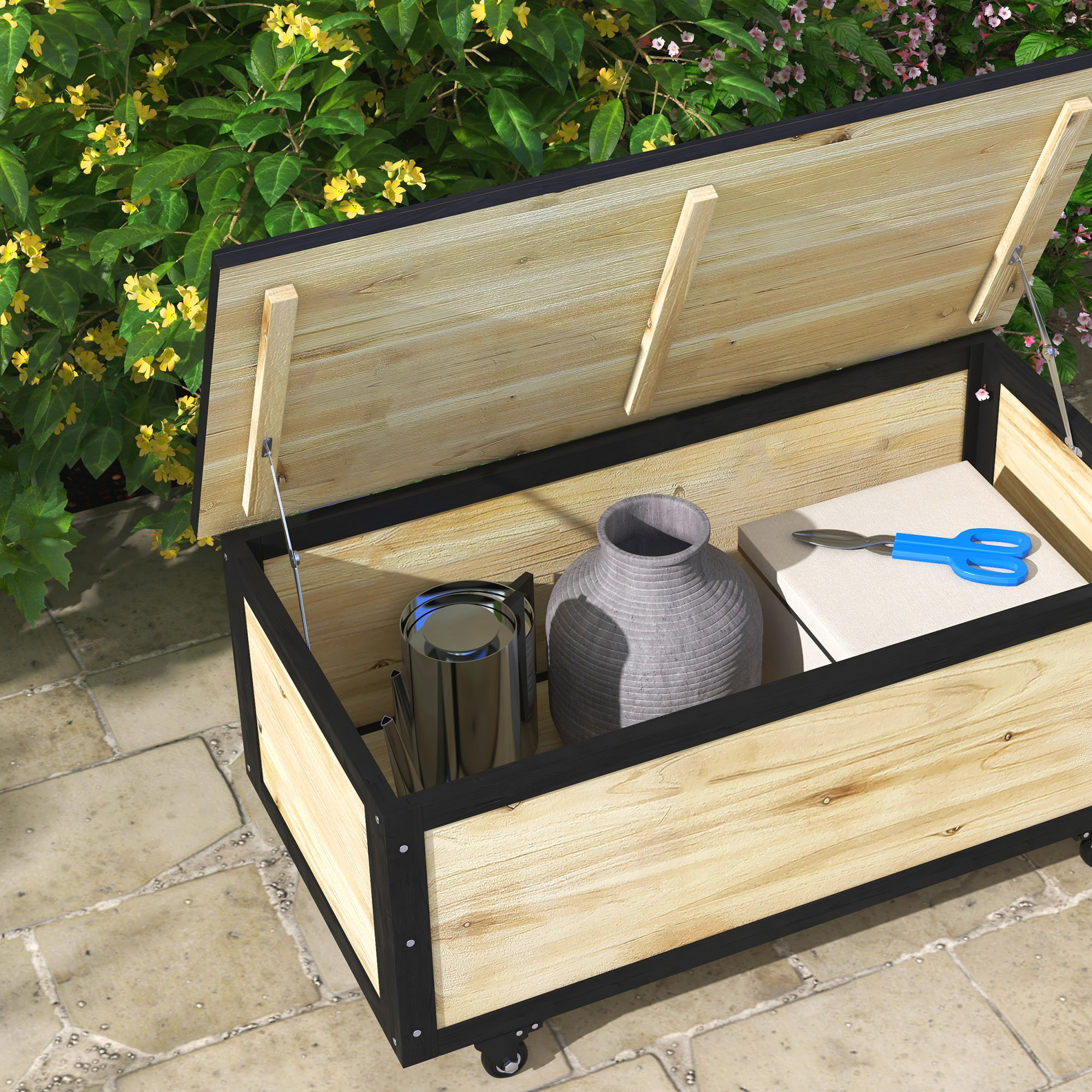 Baúl de Exterior 121 L Arcón Almacenaje de Madera con 4 Ruedas y Marco de Acero para Jardín Patio Balcón 100x50x43 cm Natural y Negro