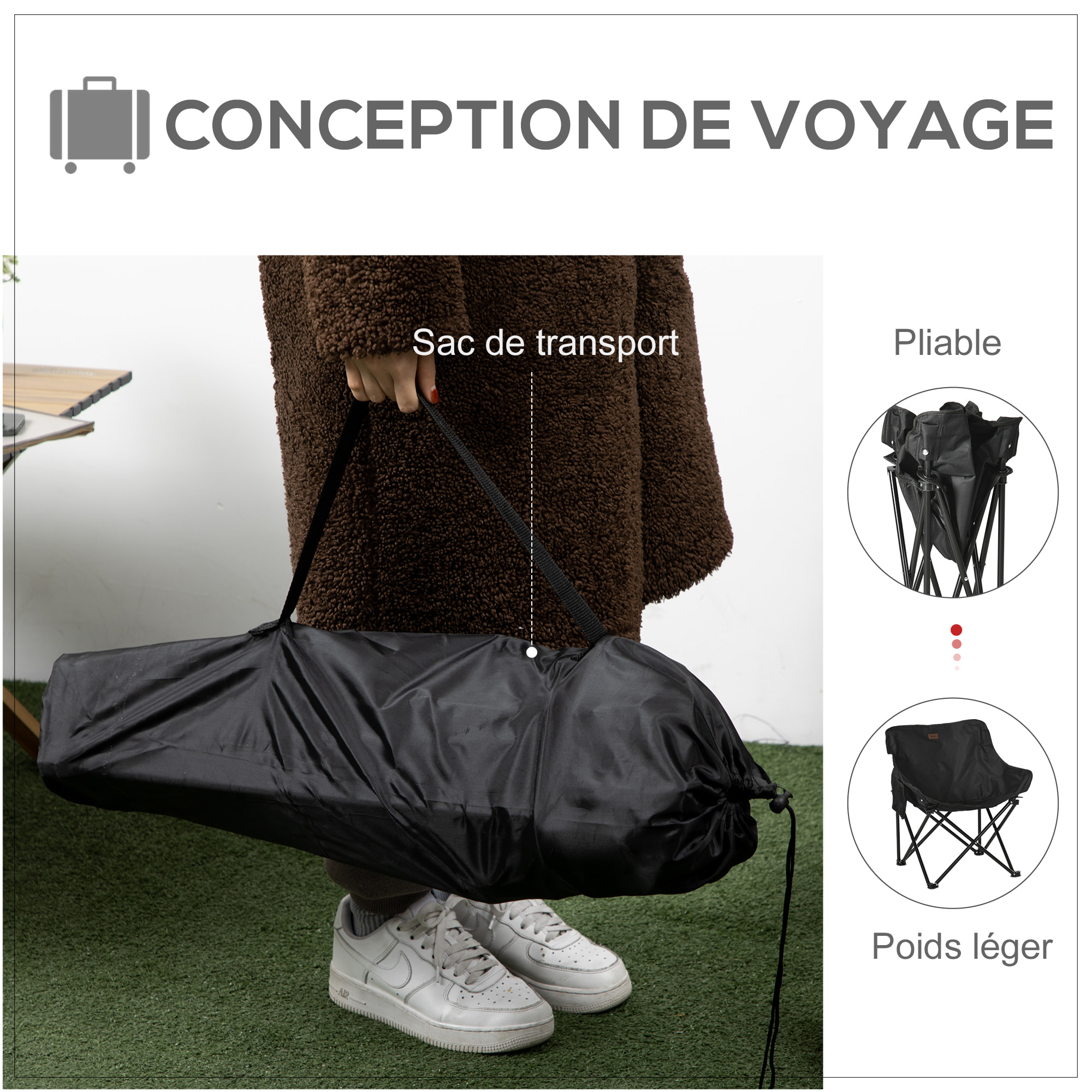 Chaise de camping pliable avec sac de transport et pochette de rangement acier oxford noir