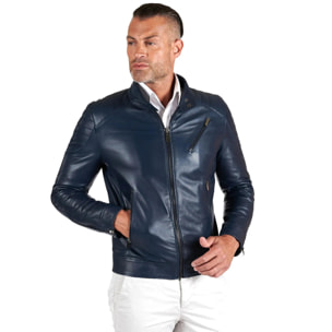 Giacca moto in pelle blu biker trapuntato spalle effetto liscio