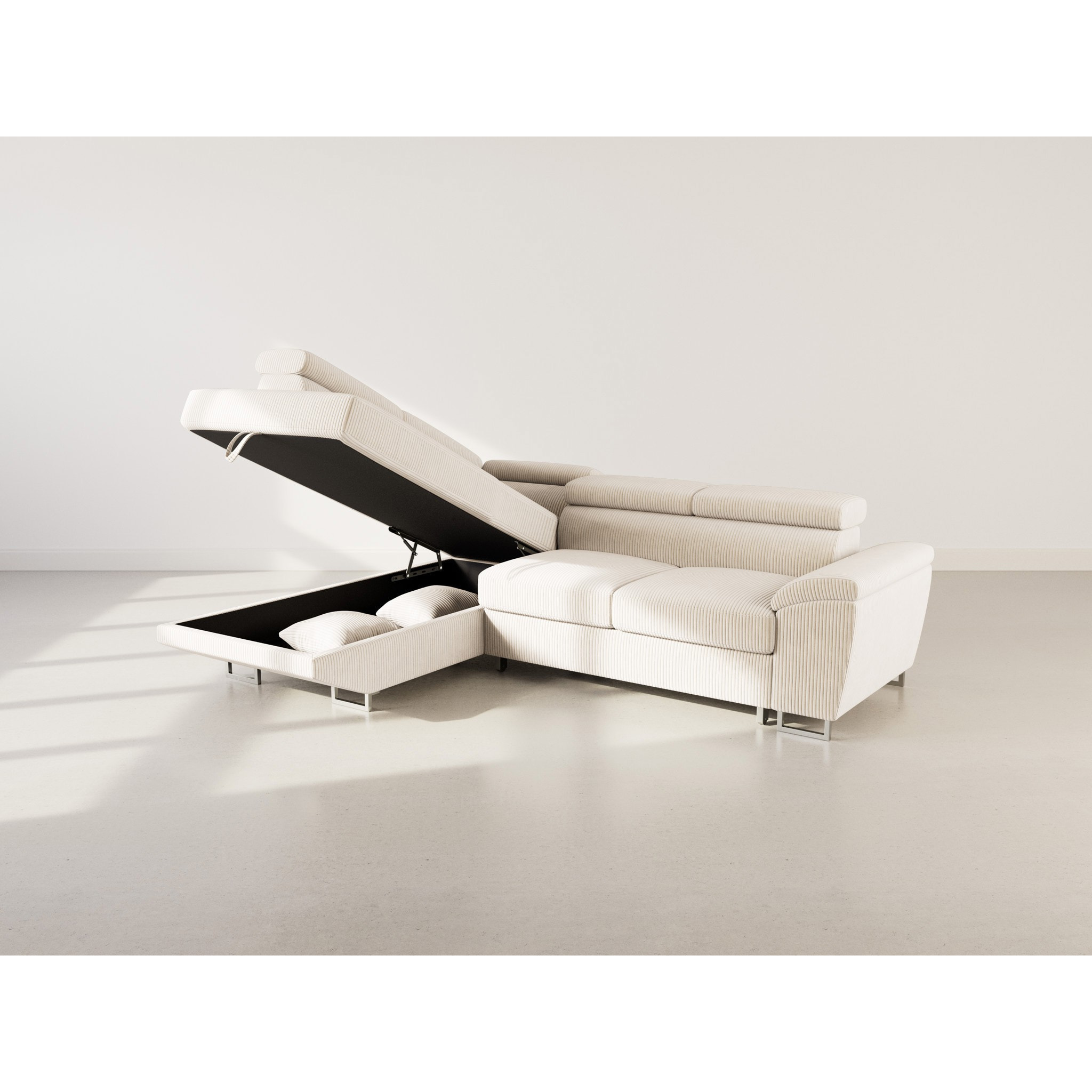 Baoji - Canapé d'angle gauche 5 places convertible avec têtières et coffre en velours côtelé - Beige