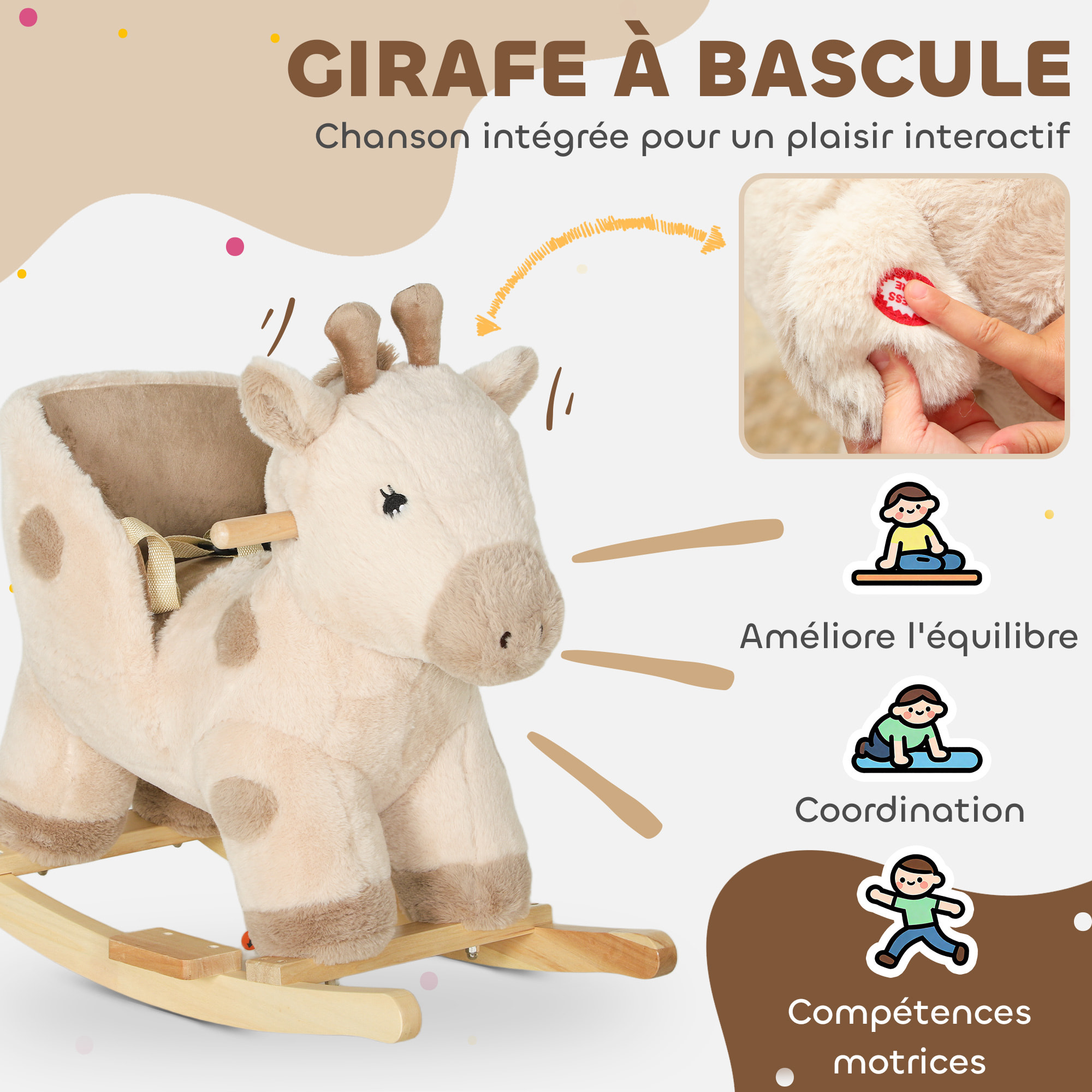 Cheval à bascule en peluche - jouet à bascule girafe - poignées, siège, ceinture réglable - beige