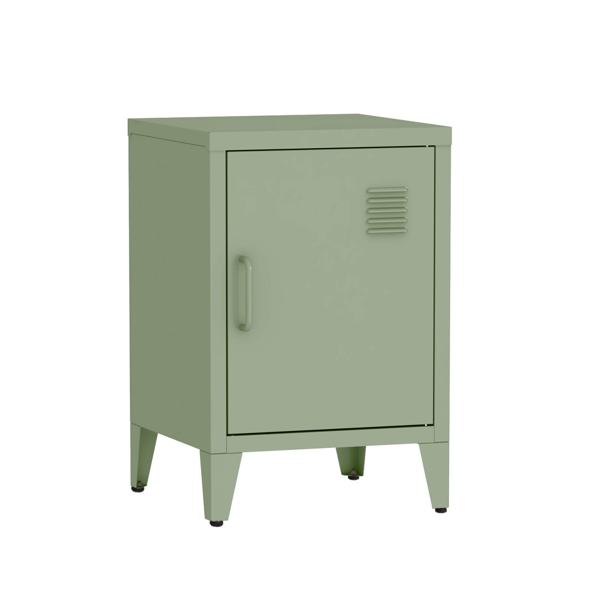 Table de chevet en acier vert. 1 porte. casier