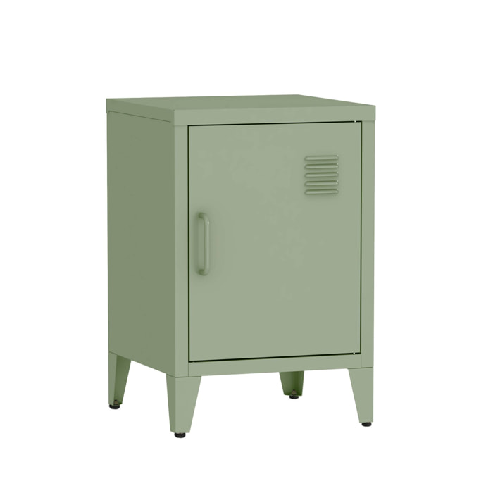 Table de chevet en acier vert. 1 porte. casier