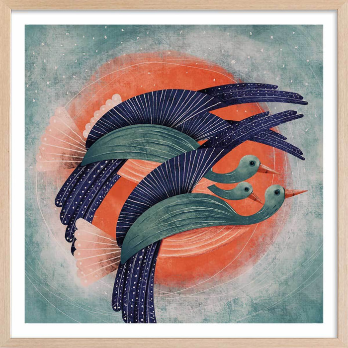 Affiche illustration oiseau lyre Affiche + cadre en bois - Chêne