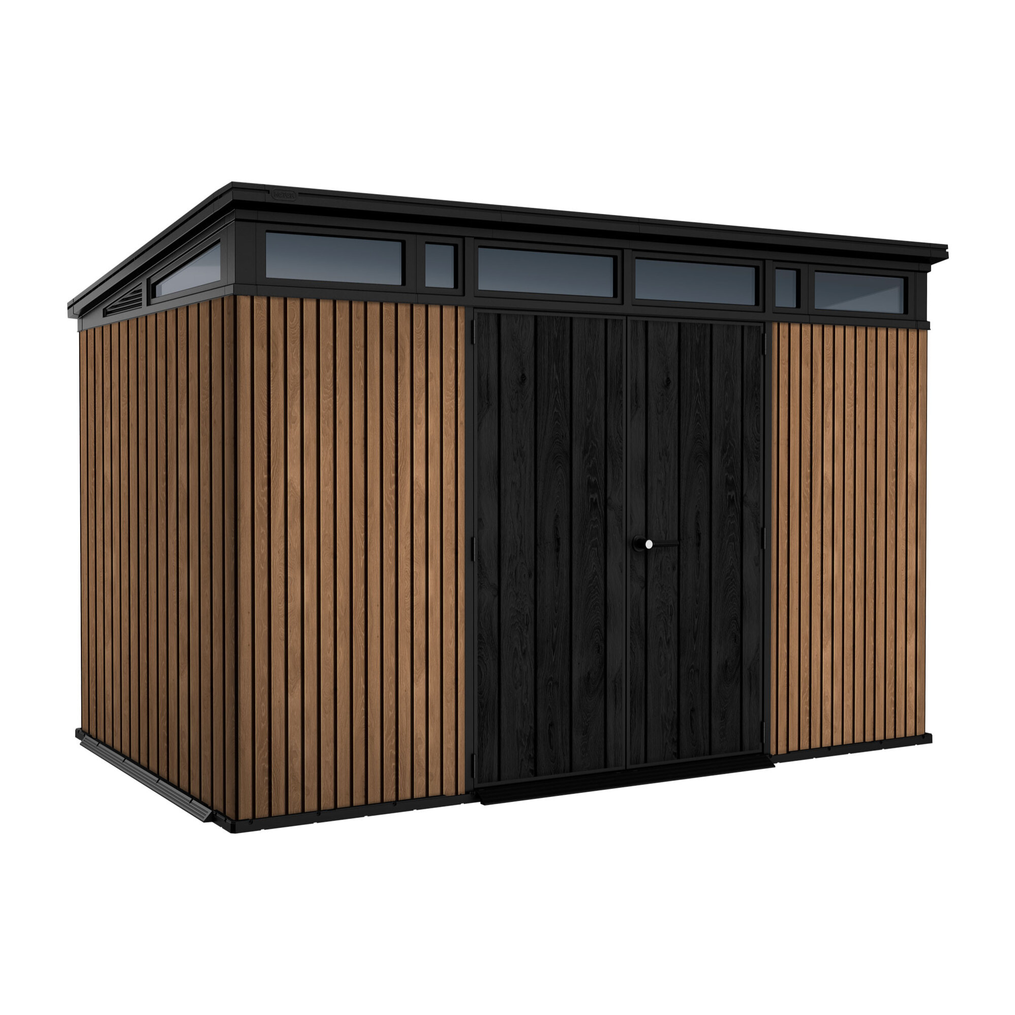 Pent 11x7 - Casetta da Giardino 342x226x218 cm 2 Ante per deposito attrezzi finitura effetto legno Evotech+ in Resina Marrone e Nero