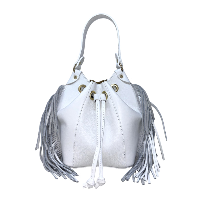 Borsa a Mano Secchiello da Donna in Pelle Dollaro con Frange
