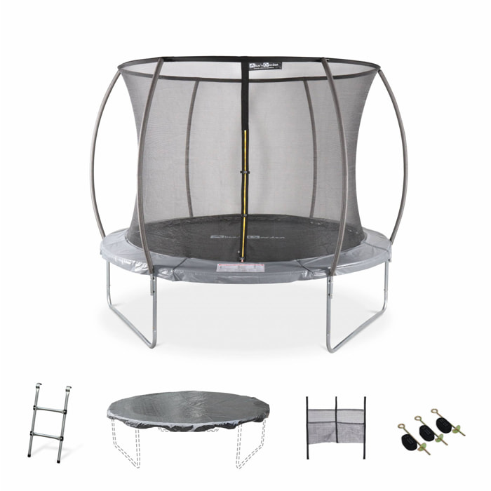 Trampoline Ø 305cm - Mars Inner XXL- trampoline de jardin gris avec filet de protection intérieur. échelle. bâche. filet pour chaussures et kit d'ancrage 3.05m 305cm