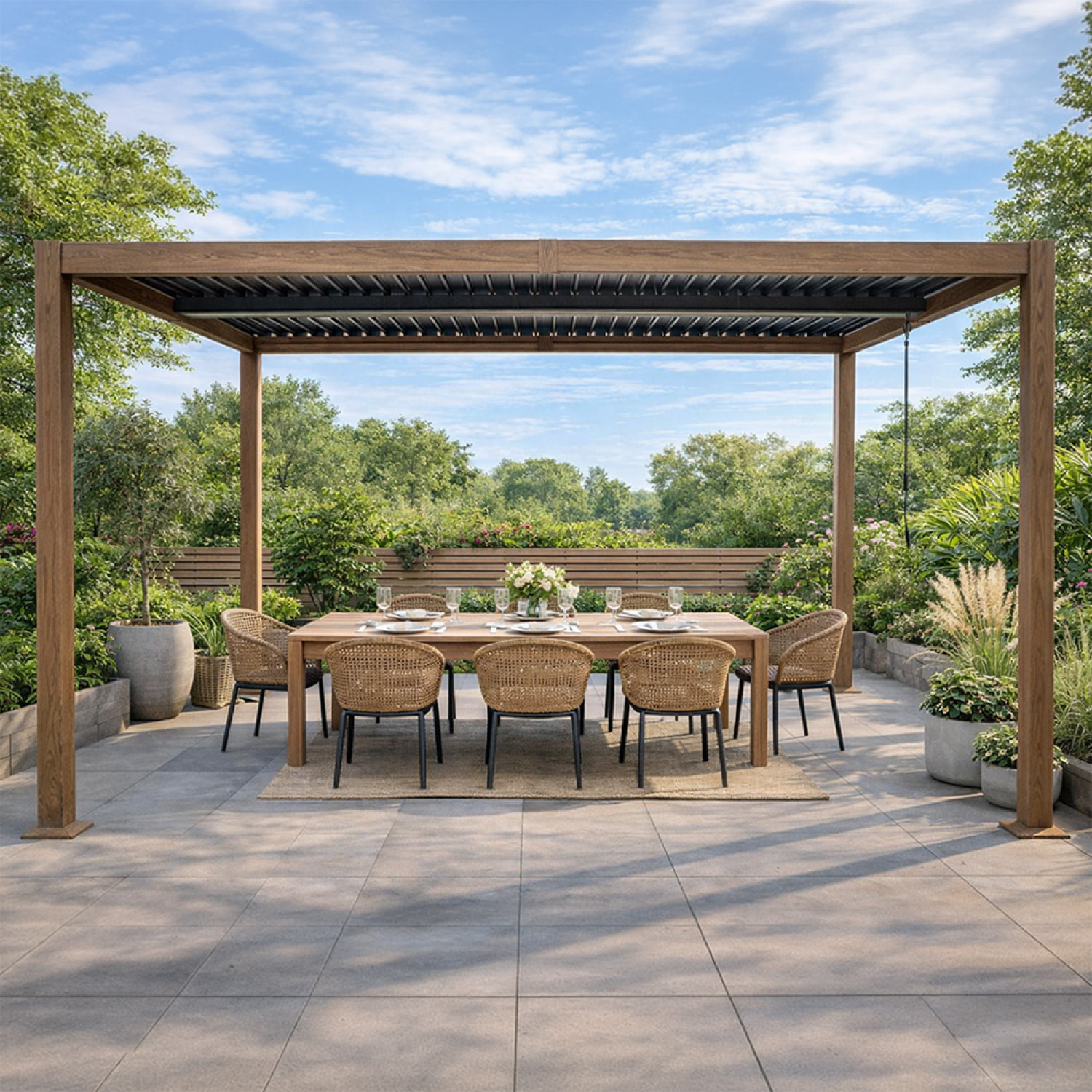 Pergola bioclimatique structure et lames orientables en aluminium effet bois 4x3m SOPRON