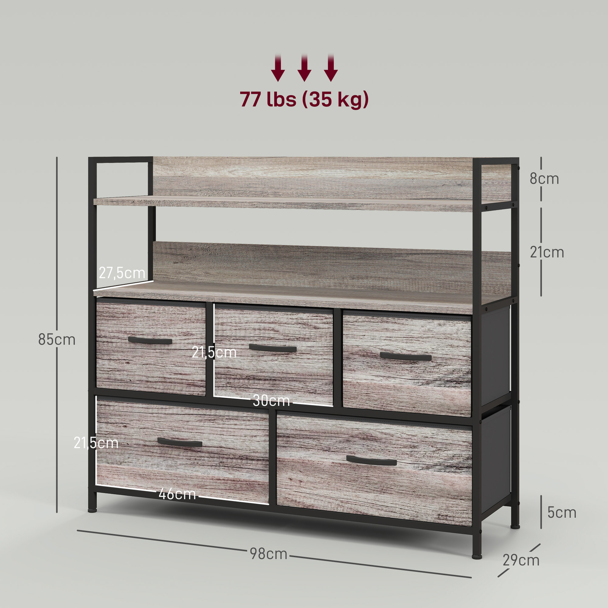 Commode style industriel - 5 tiroirs, 2 étagères - acier noir MDF non tissé effet bois gris