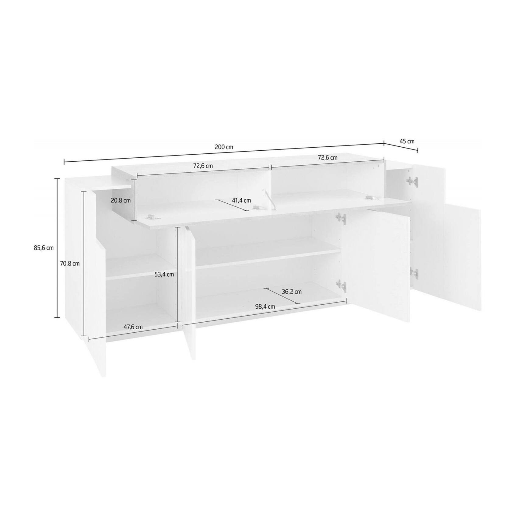 Credenza moderna a 5 ante, Made in Italy, Madia da cucina, Buffet di design da soggiorno, cm 200x45h86, colore Bianco lucido e Cemento