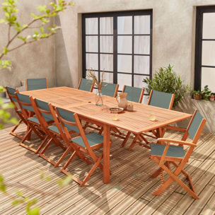 Salon de jardin en bois extensible - Almeria - Grande table 200/250/300cm avec 2 rallonges. 2 fauteuils et 8 chaises. en bois d'Eucalyptus huilé et textilène savane