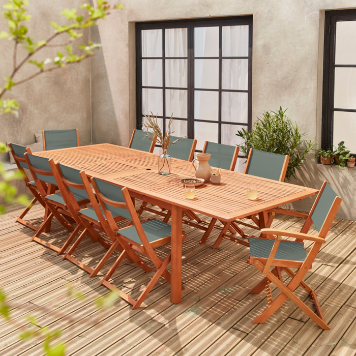 Salon de jardin en bois extensible - Almeria - Grande table 200/250/300cm avec 2 rallonges. 2 fauteuils et 8 chaises. en bois d'Eucalyptus huilé et textilène savane
