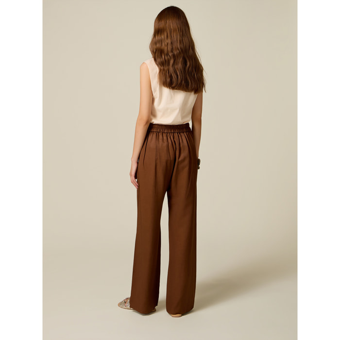 Oltre - Pantaloni palazzo in twill misto lino - Marrone