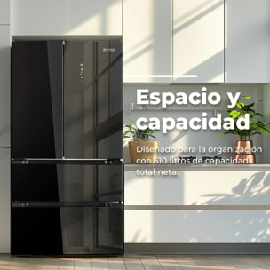 EVVO Frigorífico francés F80B Glass, Inverter, Puerta de cristal, Total No Frost, 327l + 183l