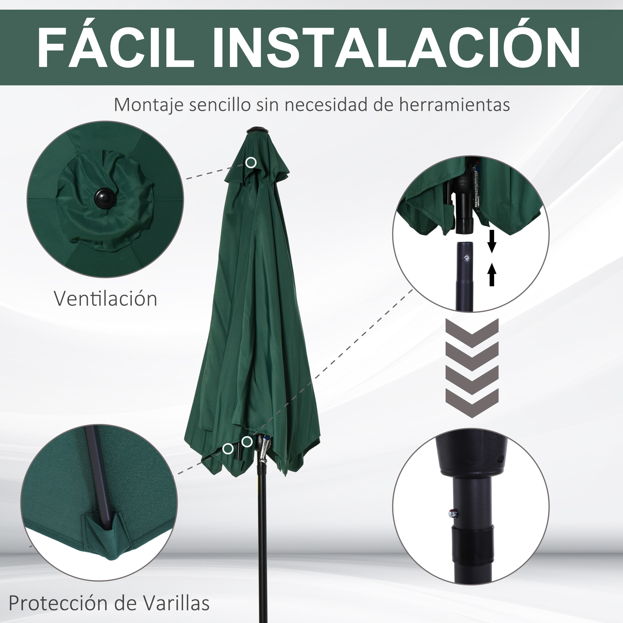 Sombrilla Reclinable de Aluminio Poliéster Φ2,7x2,35m Verde