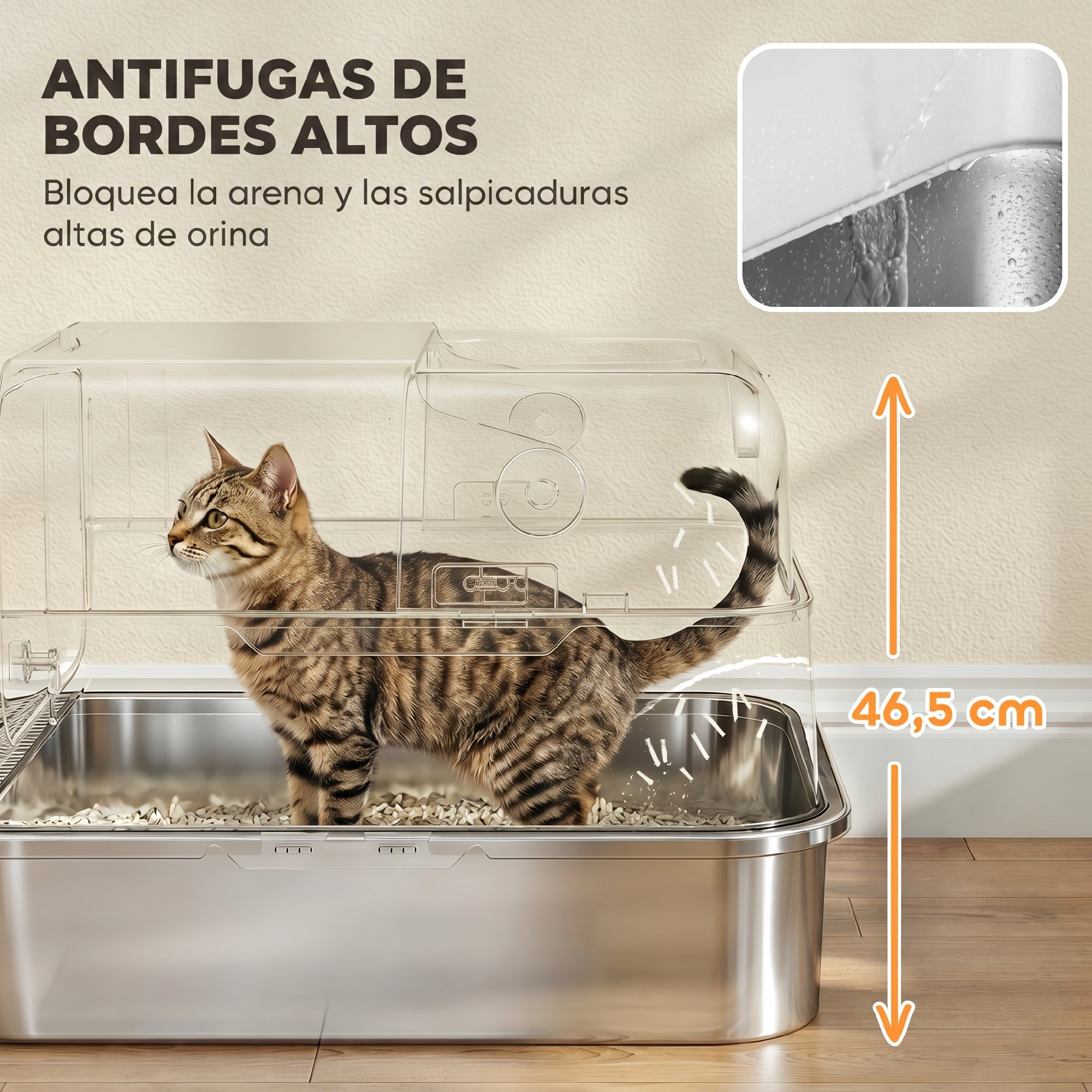 Arenero para Gatos de Acero Inoxidable XXL, Caja de Arena para Gatos Grandes, Arenero con Tapa Abatible, Laterales Altos, Entrada Superior, Pala, sin Olores, Fácil de Limpiar, Antifugas, Blanco