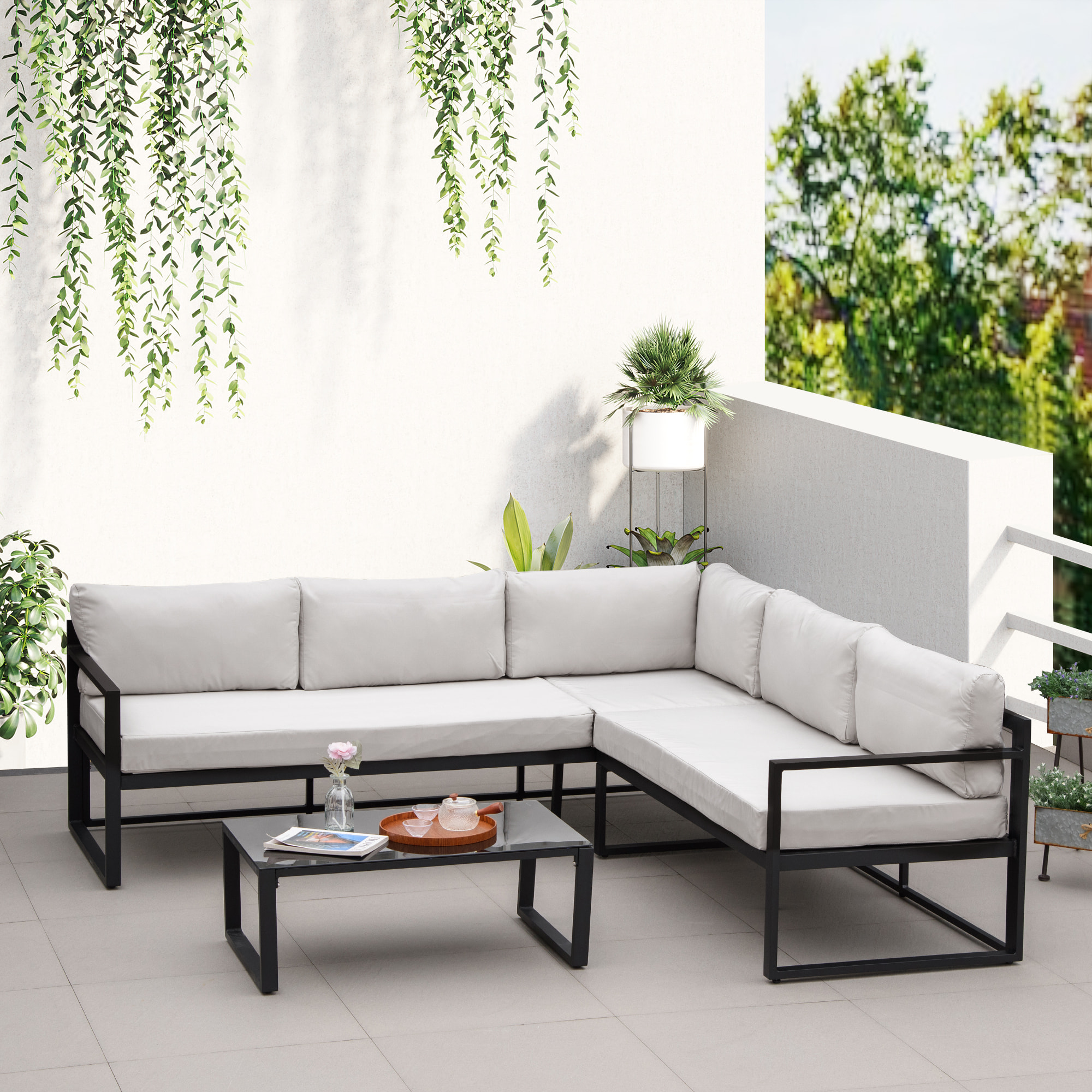 Conjunto de Muebles de Jardín 3 Piezas Mesa de Vidrio y Sofás 212x70x64 cm Negro