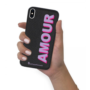 Coque iPhone X/XS effet cuir grainé noir Amour parme et fushia Design La Coque Francaise