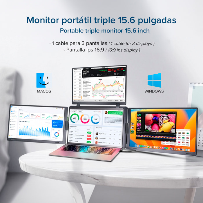 Monitor portátil triple S888 Pro de 15.6” con triple pantalla IPS 1920x1080 16:9. Compatible con laptops Windows y MacOS. Incluye bolsa de transporte.