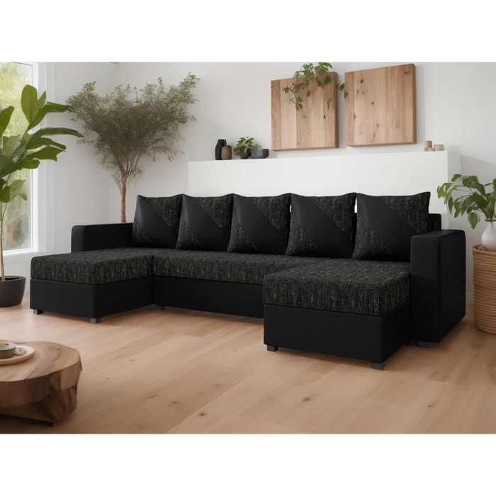 Romy - canapé panoramique en U - 7 places - convertible avec coffre - en tissu et PU - Noir / Gris