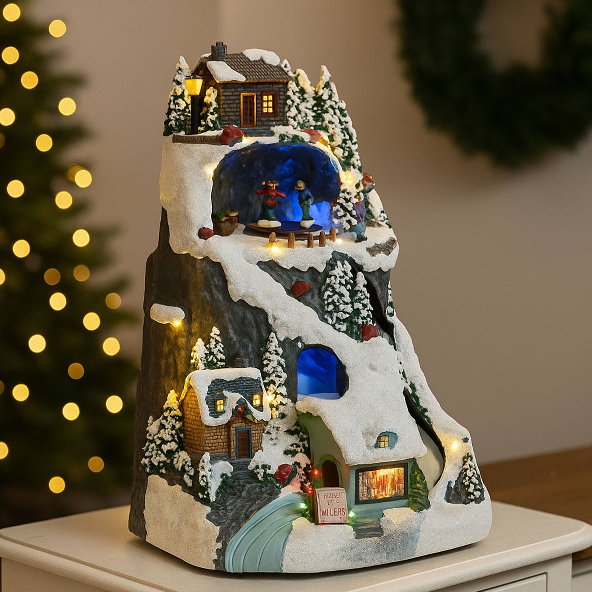 Pueblo navideño para decoración con luces led y movimiento 19,6x17,7x30,1cm