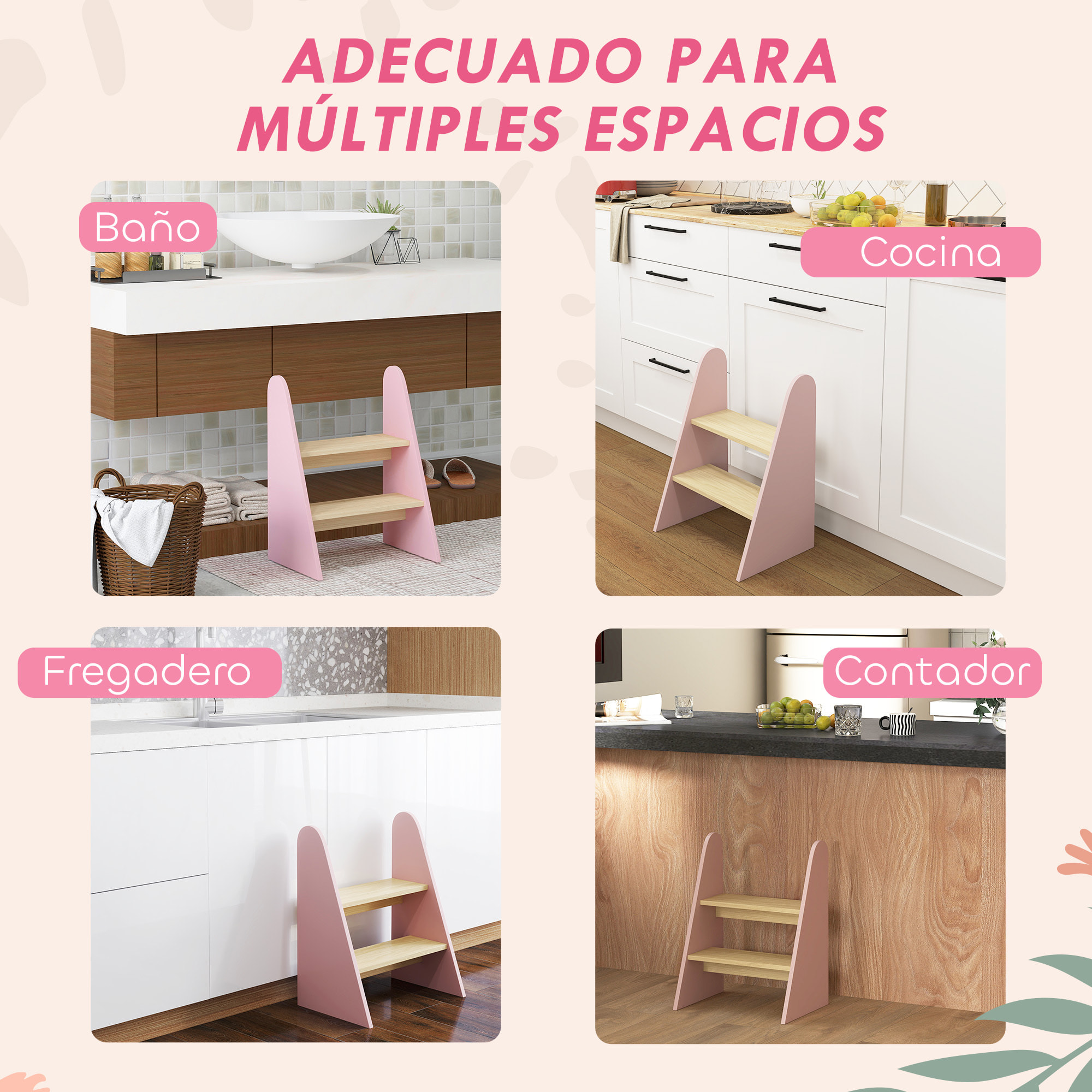 Taburete para Niños de 2 Peldaños Torre de Aprendizaje Escalera para Niños de +3 Años para Baño Cocina Librería Dormitorio Rosa