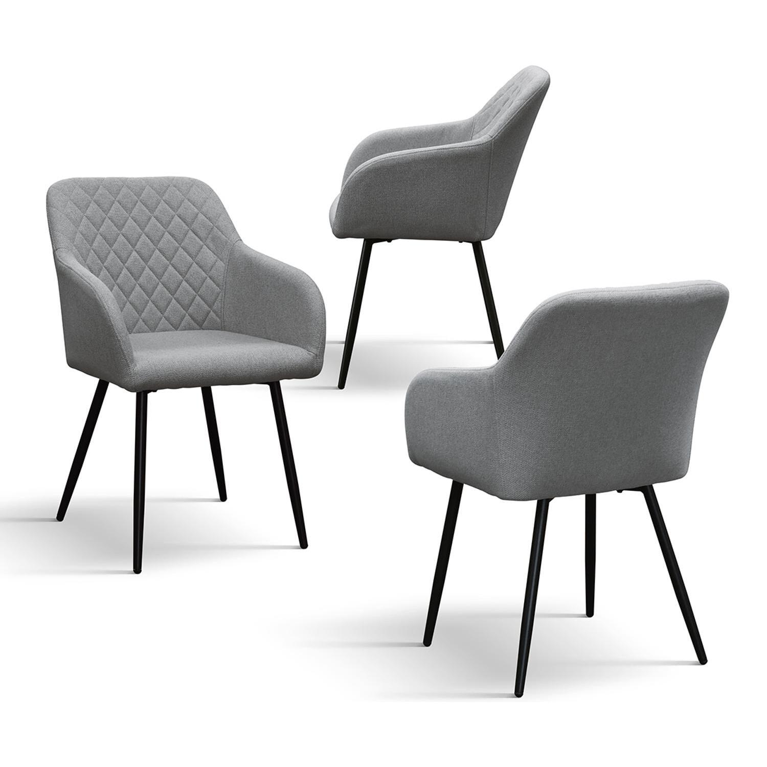 Set di 4 sedie LISBONA in tessuto grigio e gambe in metallo nero, con braccioli