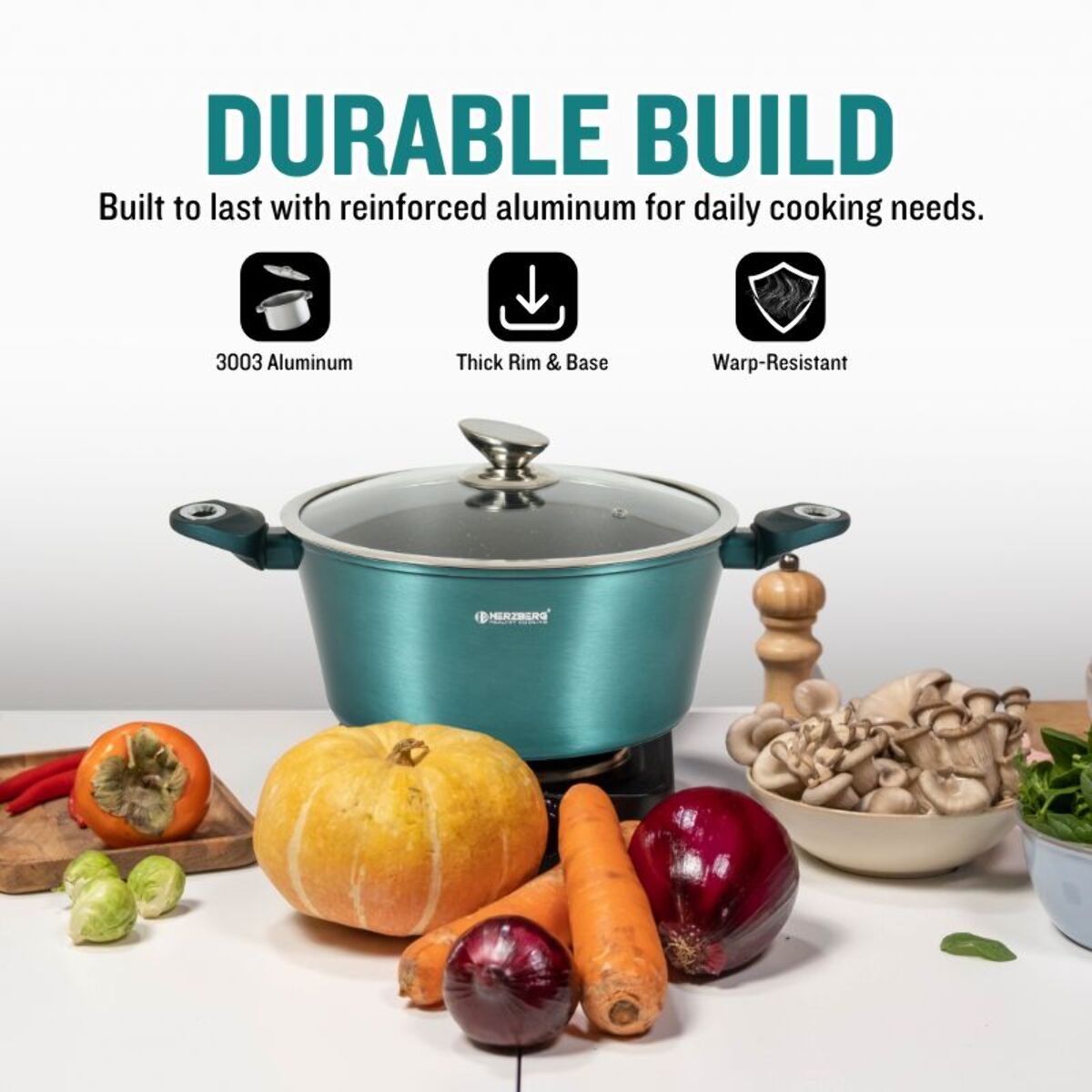 Batterie de cuisine 15 pièces avec revêtement en marbe Bleu Herzberg HGMETBL15-BLU