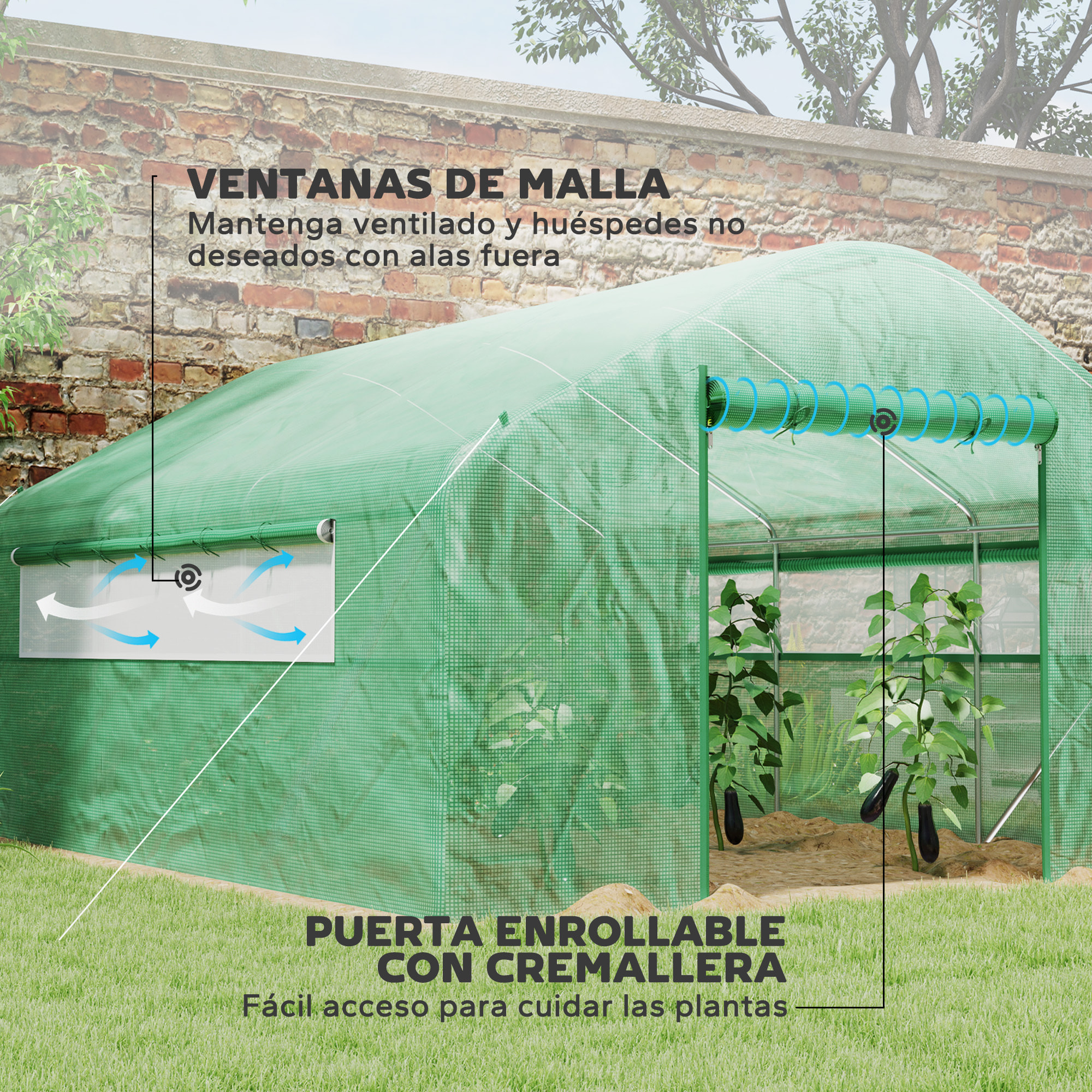 Invernadero de Exterior 4x3x2 m Invernadero de Túnel con 2 Ventanas Cubierta de PE Anti-UV y 1 Puerta Enrollable con Cremallera Invernadero para Jardín Patio